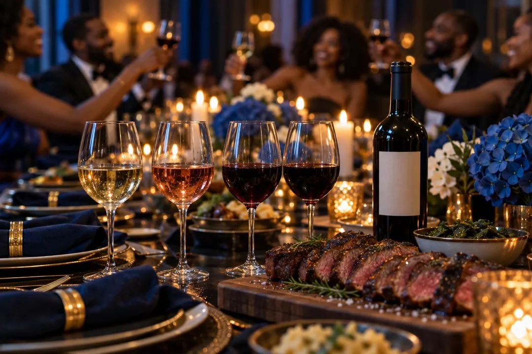 A candlelit dinner table with a flight of four wines and grilled picanha as guests in evening wear raise a toast